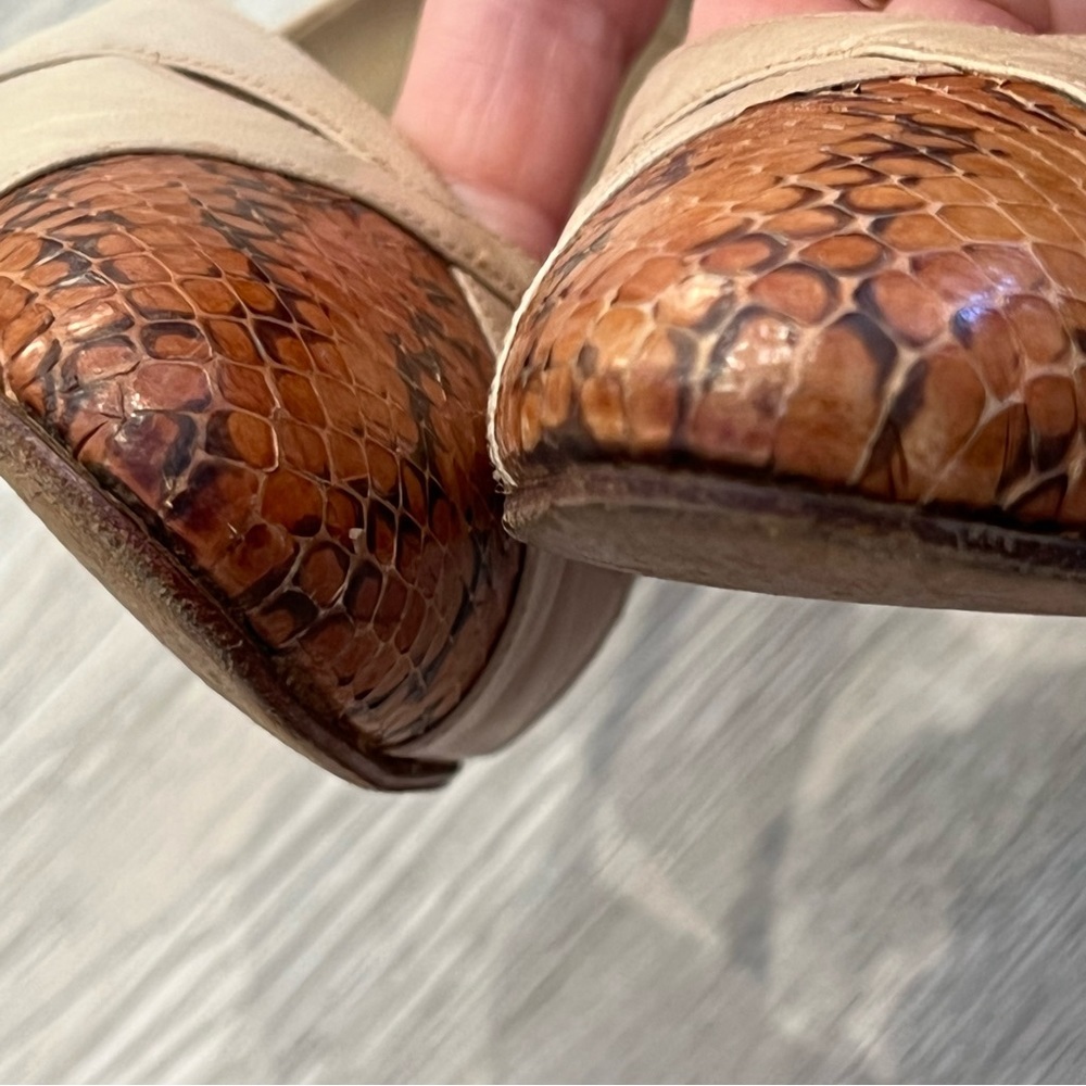 VINTAGE PUMPS 60s EVINS Heels Leather Snakeskin Tan Saddle 6M Made in Italy - Picture 7 of 15